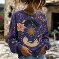 Women's Retro Bohemian Hippie Style Floral Cat Print Sweatshirt
