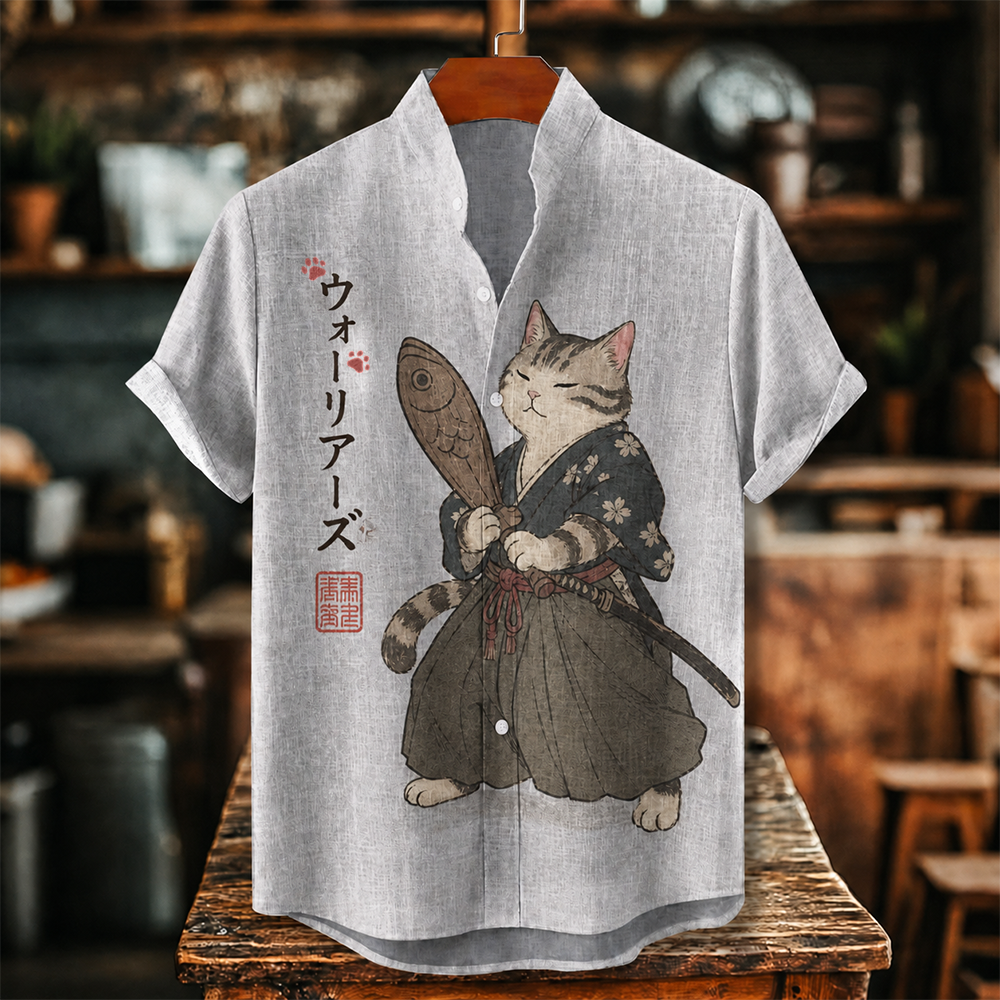 Men's Cool Japanese Ronin Cat With Sword And Fish Print Short Sleeve Linen Shirt