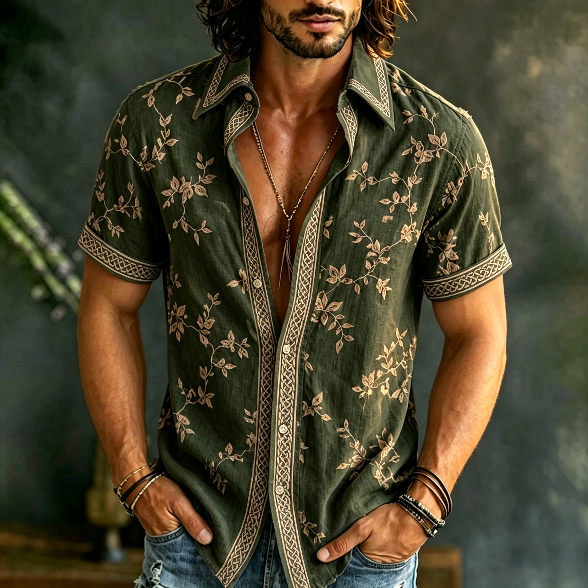 Men's Retro Floral Embroidered Short-sleeve Shirt