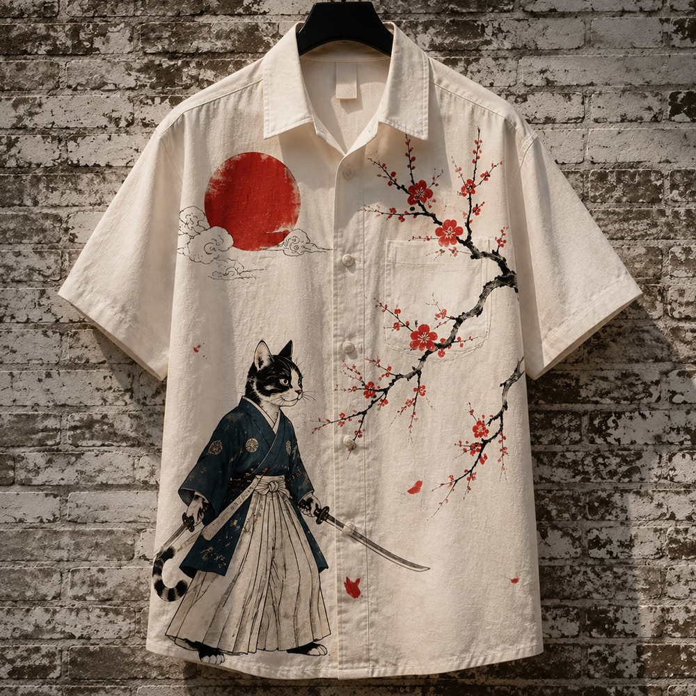 Men's Japanese Samurai Cat Graphic Print Short Sleeve Button-down Shirt