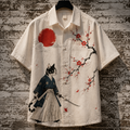 Men's Japanese Samurai Cat Graphic Print Short Sleeve Button-down Shirt