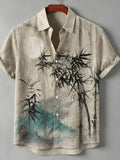 Men's Vintage Oriental Art  Ink Bamboo Moon Landscape Print Linen Short Sleeve Button Down Shirt