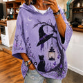 Women's Retro Halloween Cat Witch Hat With Branch Print Loose Top