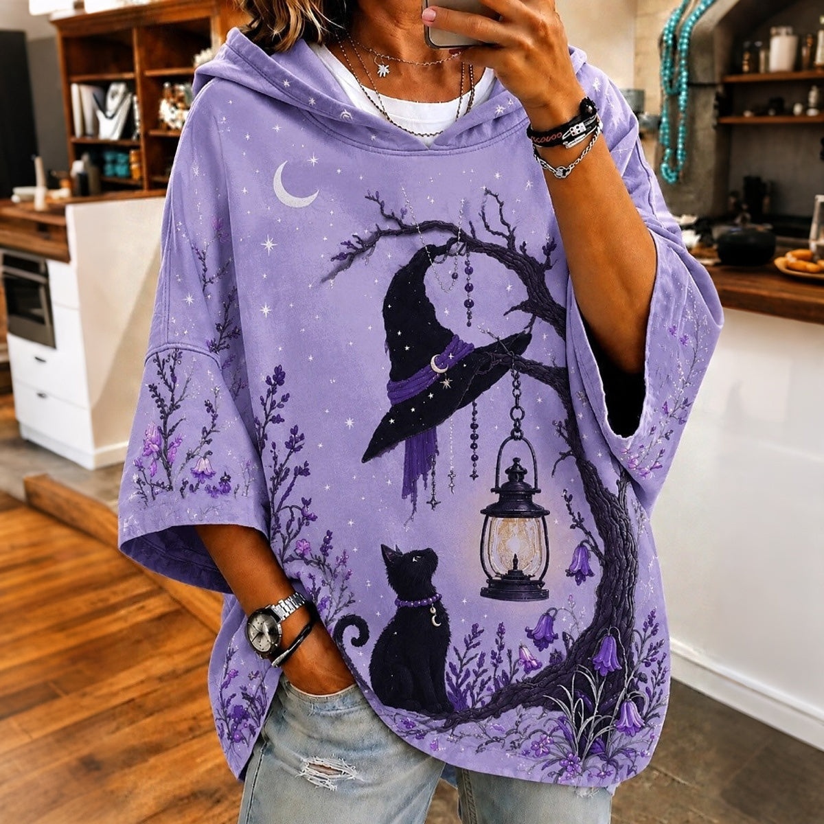 Women's Retro Halloween Cat Witch Hat With Branch Print Loose Top