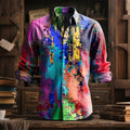 Men's Retro Resort Color Block Print Collared Long-sleeve Cotton Linen Shirt
