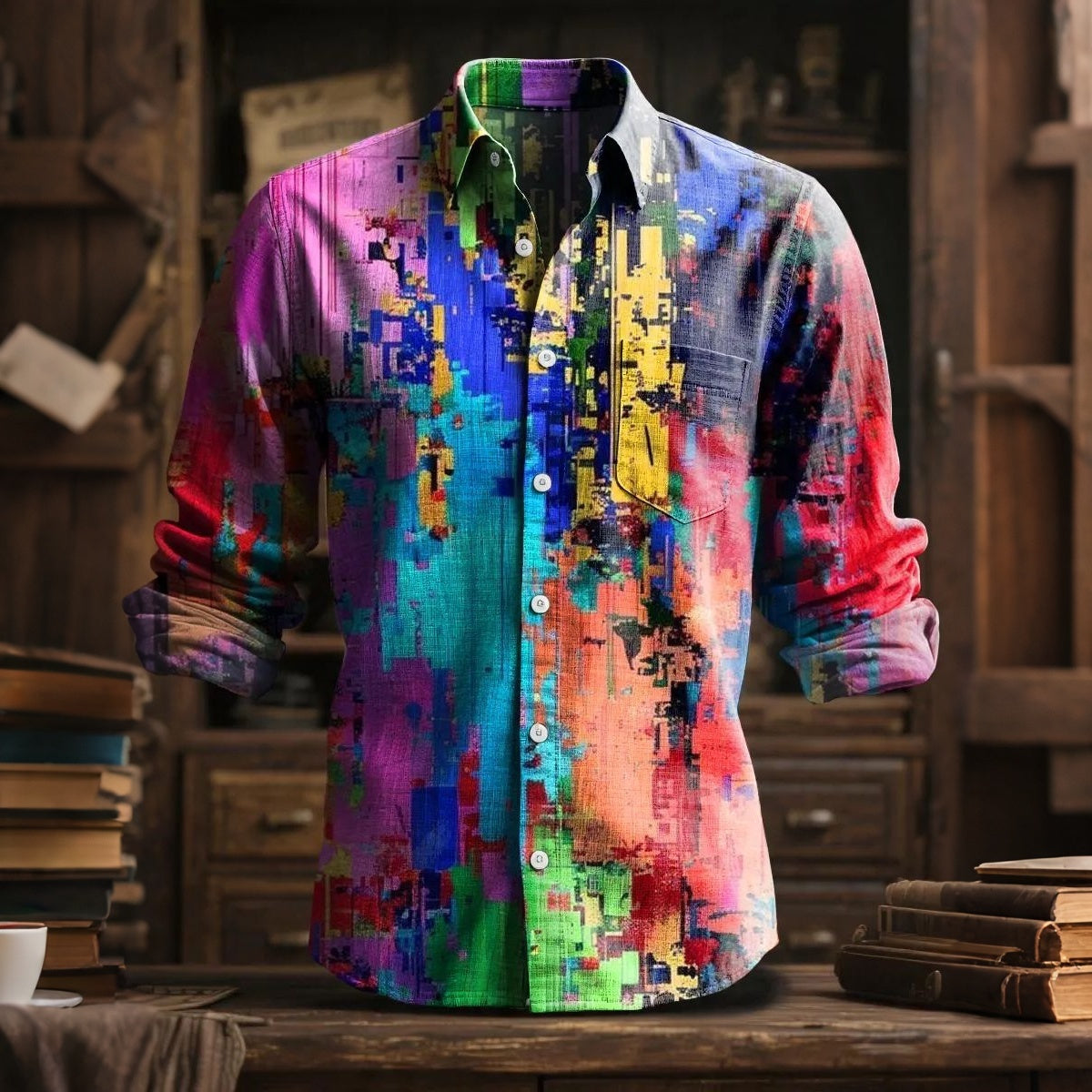 Men's Retro Resort Color Block Print Collared Long-sleeve Cotton Linen Shirt