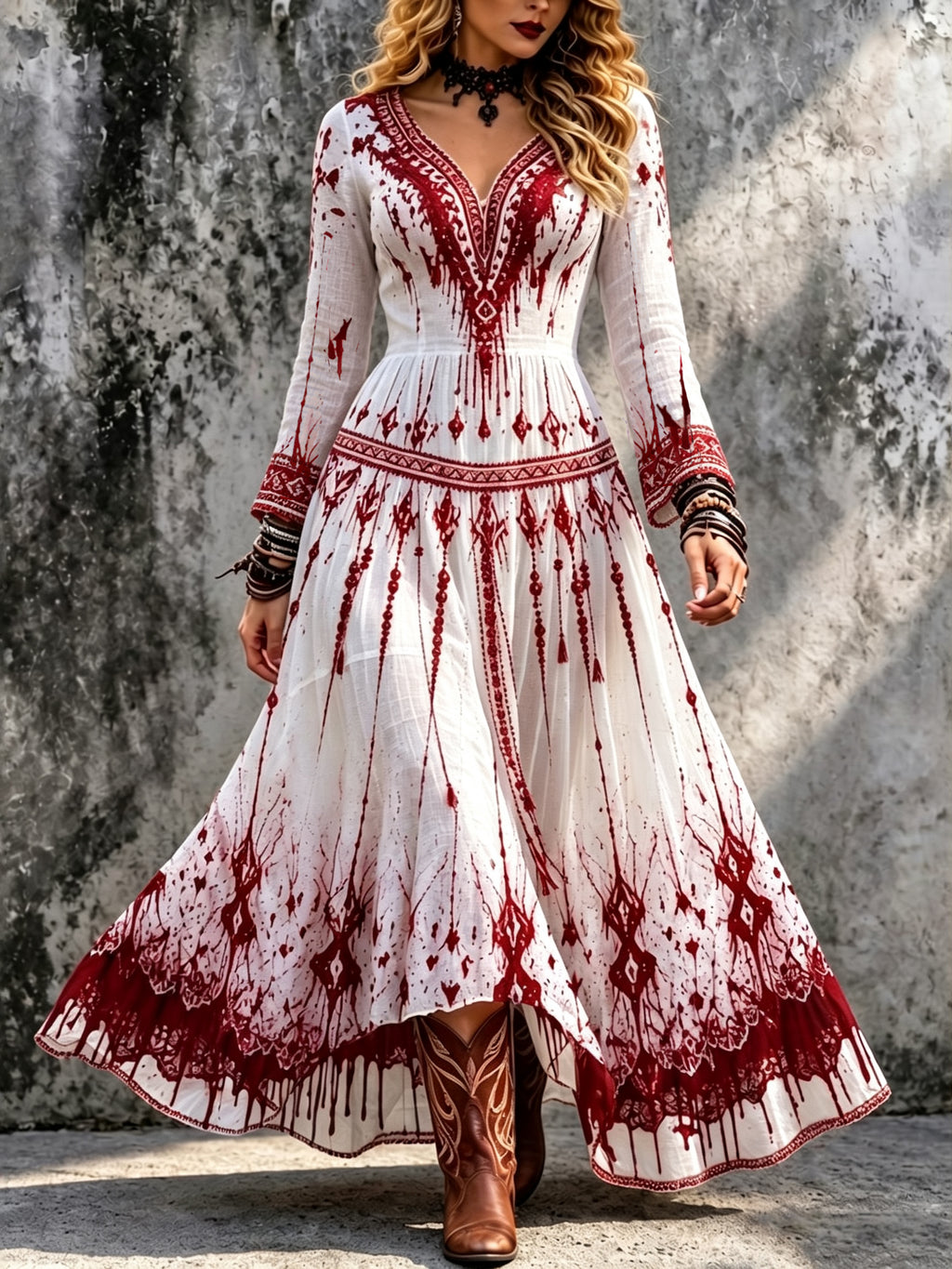 Women's Halloween Bloody  With Bohemia Ethnic Patterns Long Sleeve Maxi Dress