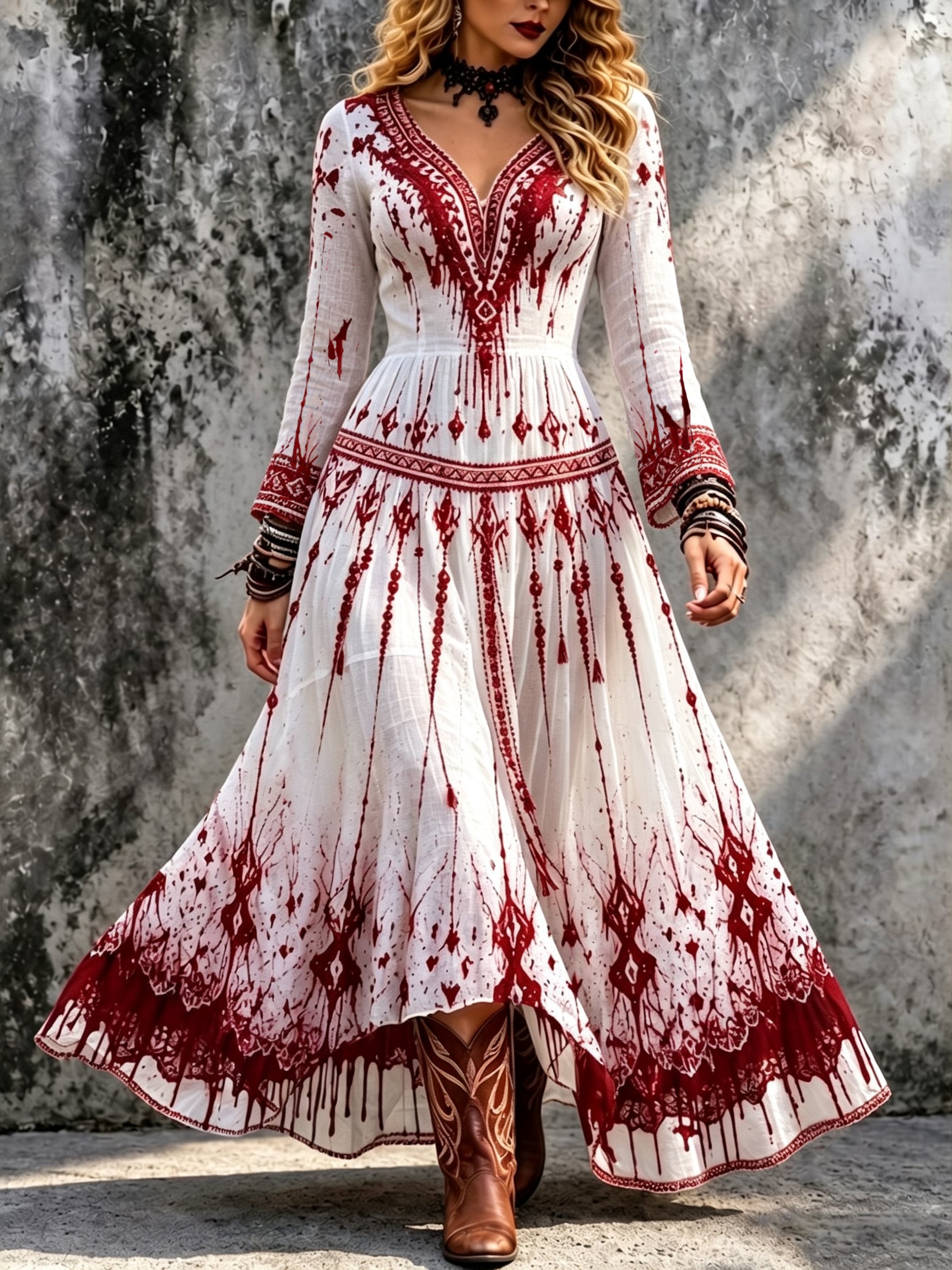 Women's Halloween Bloody  With Bohemia Ethnic Patterns Long Sleeve Maxi Dress