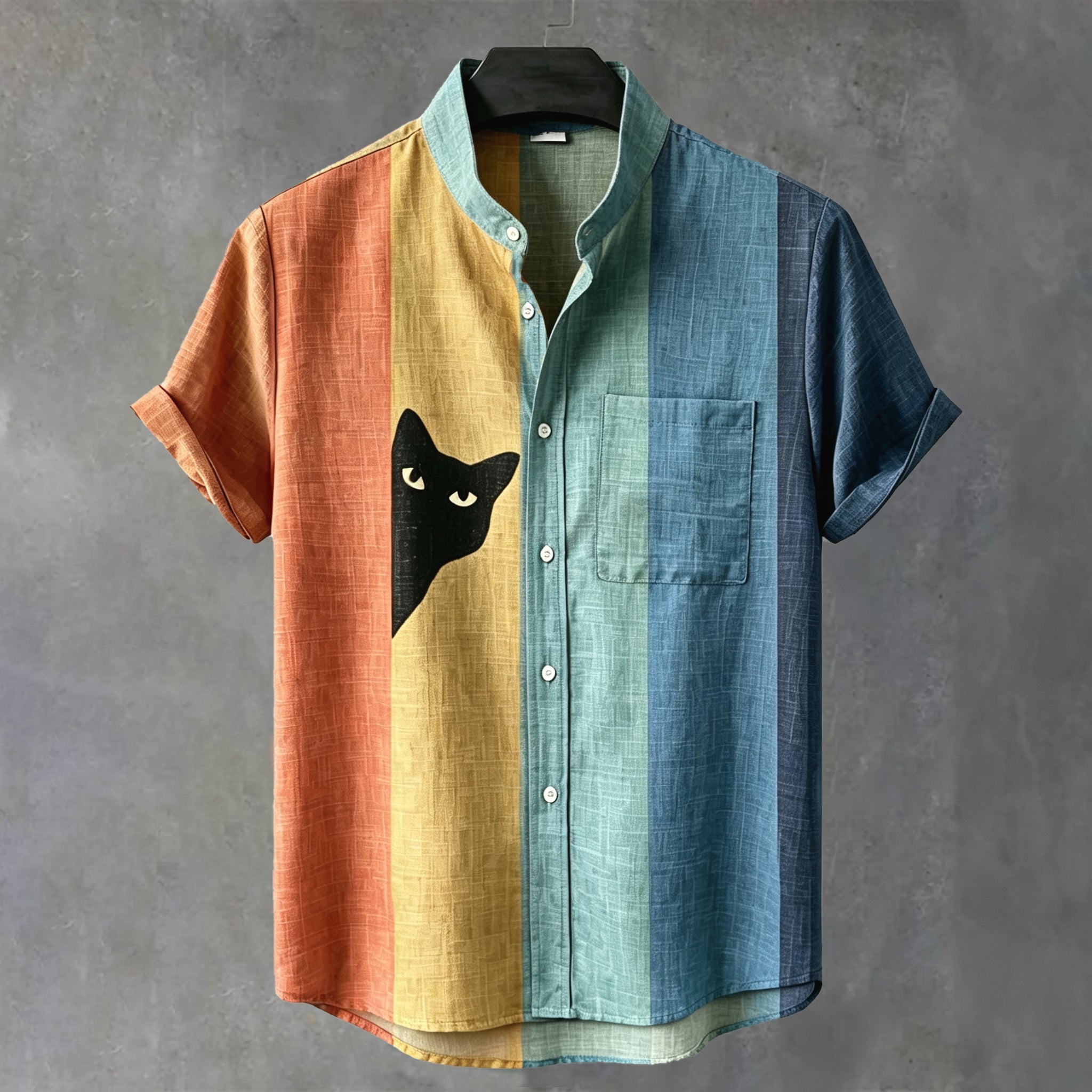 Men's Vintage Black Cat Contrast Stripes Art Short Sleeve Shirt