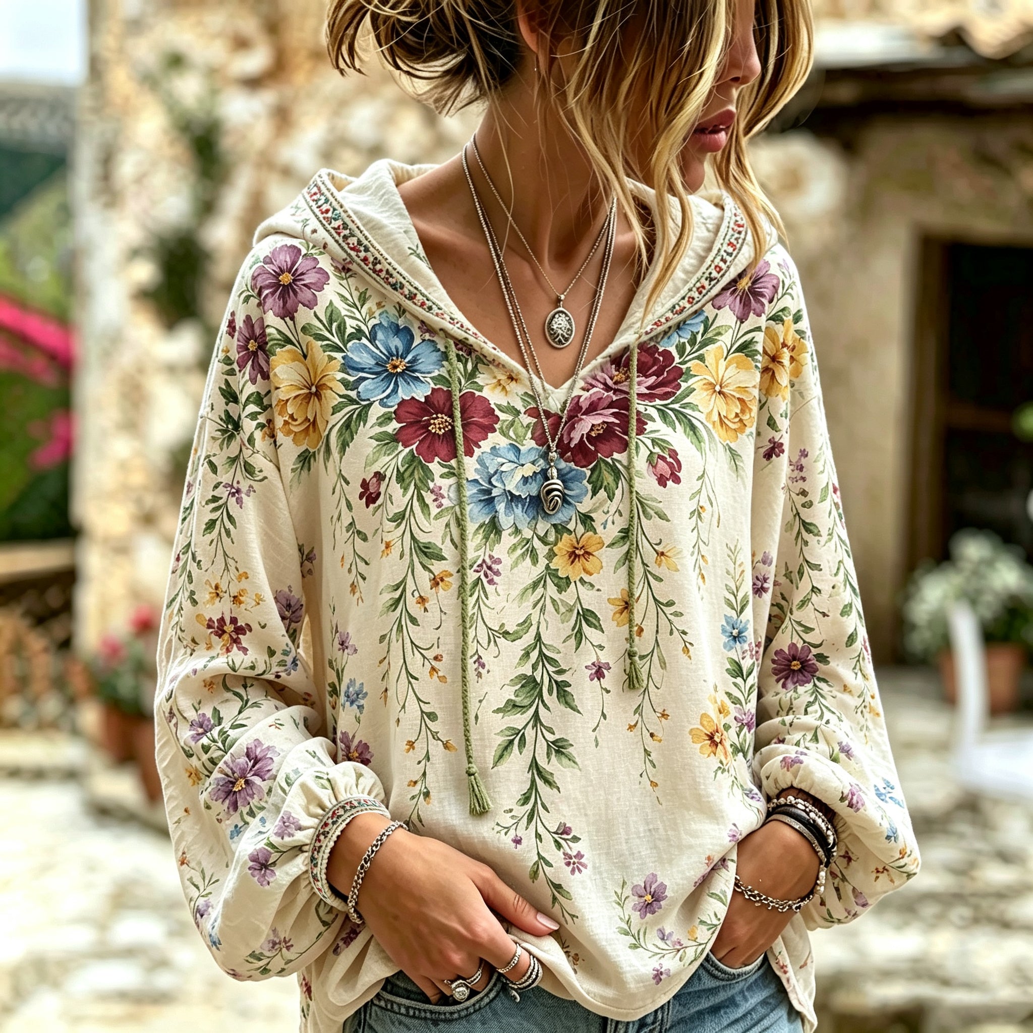 Women's Retro Floral Casual Cotton Linen Hoodie