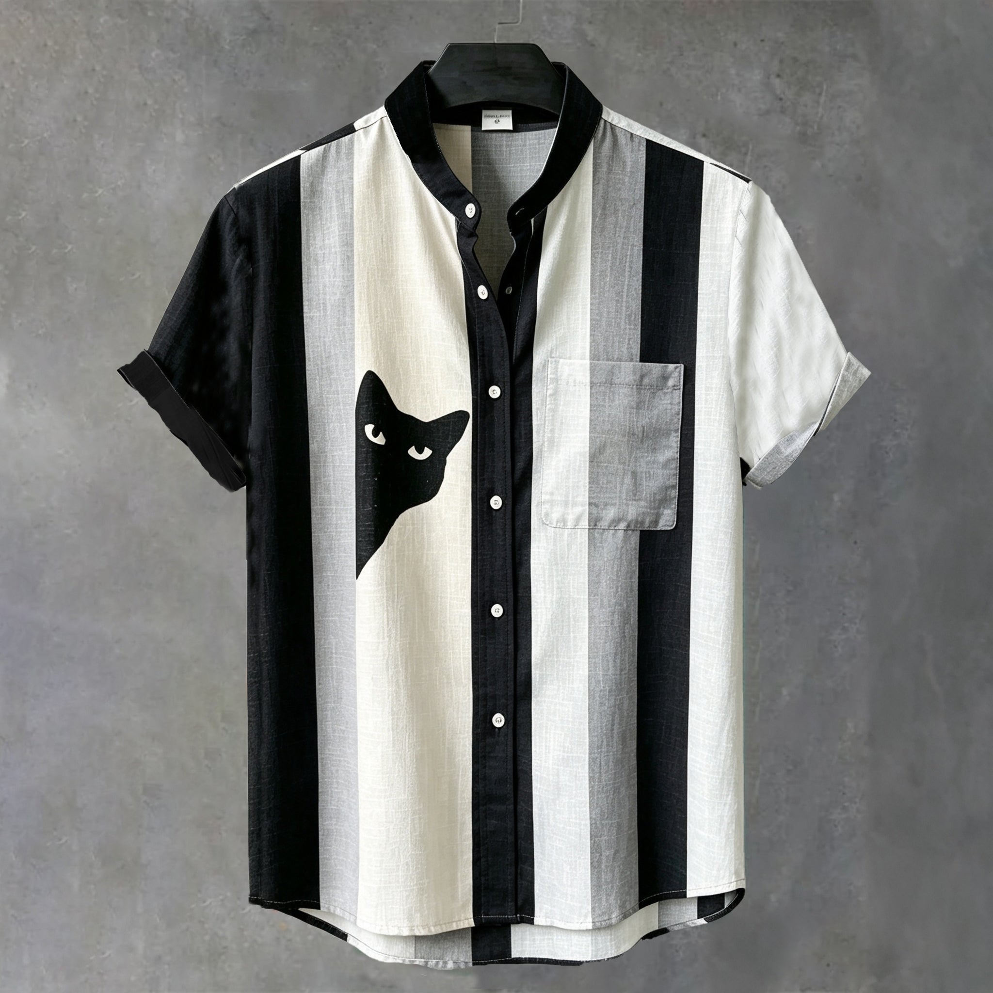 Men's Vintage Black Cat Contrast Stripes Art Short Sleeve Shirt