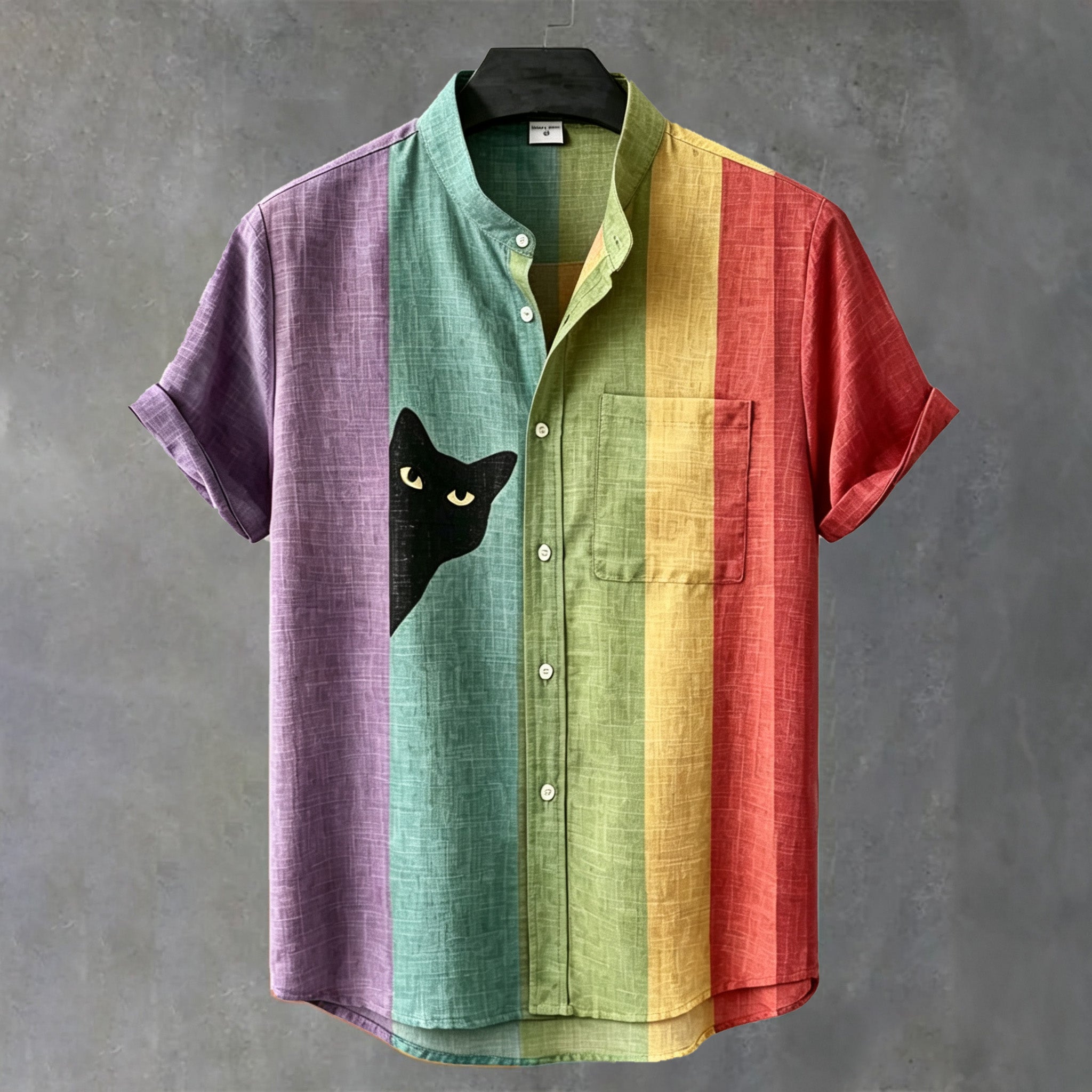 Men's Vintage Black Cat Contrast Stripes Art Short Sleeve Shirt