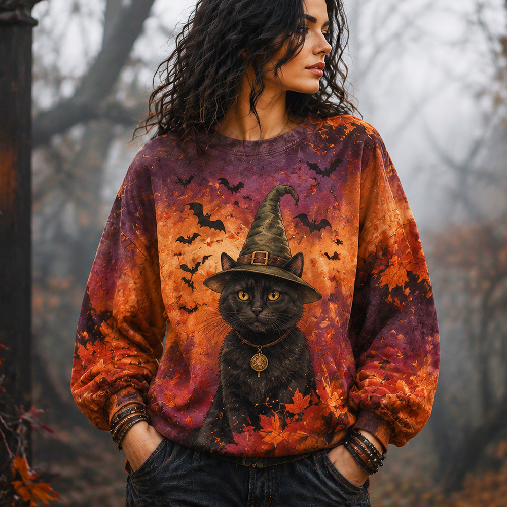 Women's Witch Black Cat & Autumn Leaf Sweatshirt - Spooky Halloween Graphic Crewneck Pullover