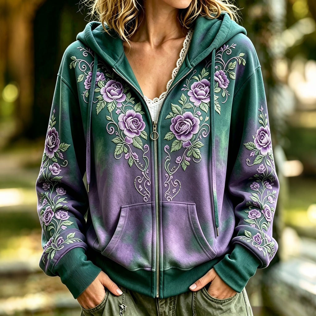 Women's Retro Rose Floral Art Print Cozy Zipper Hoodie