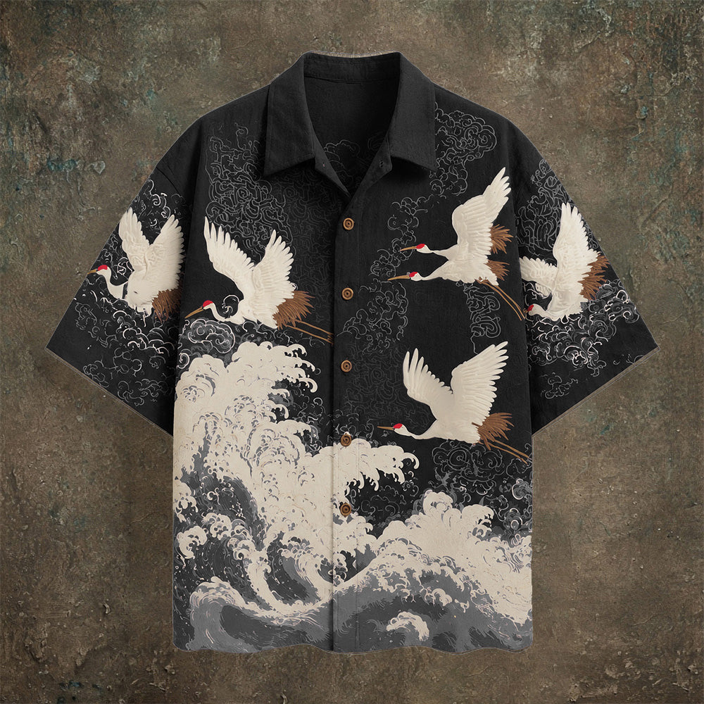 Japanese Wave & Crane Men's Casual Linen Short Sleeve Shirt