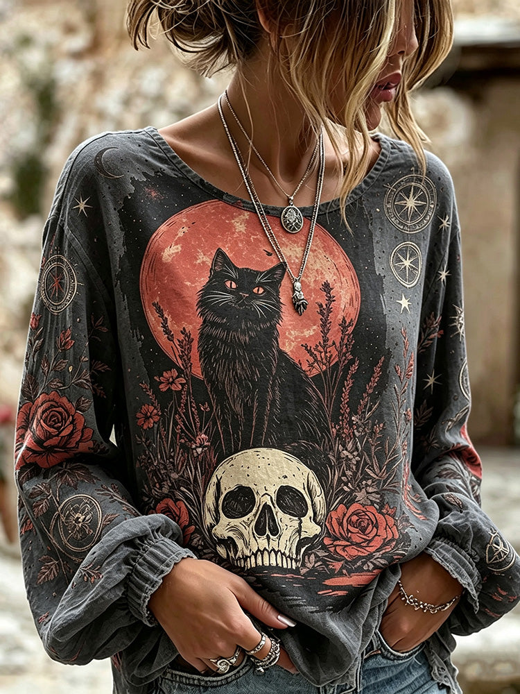 Women's Retro Gothic Style Witch Black Cat Skull Red Moon Print Dark Bohemian Linen Top