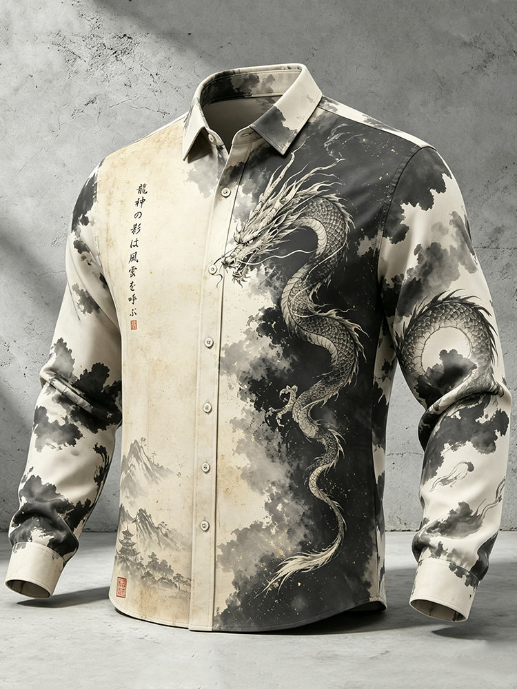 Men's Retro Japanese Dragon And Calligraphy Art Print Linen Blend Long-sleeve Shirt