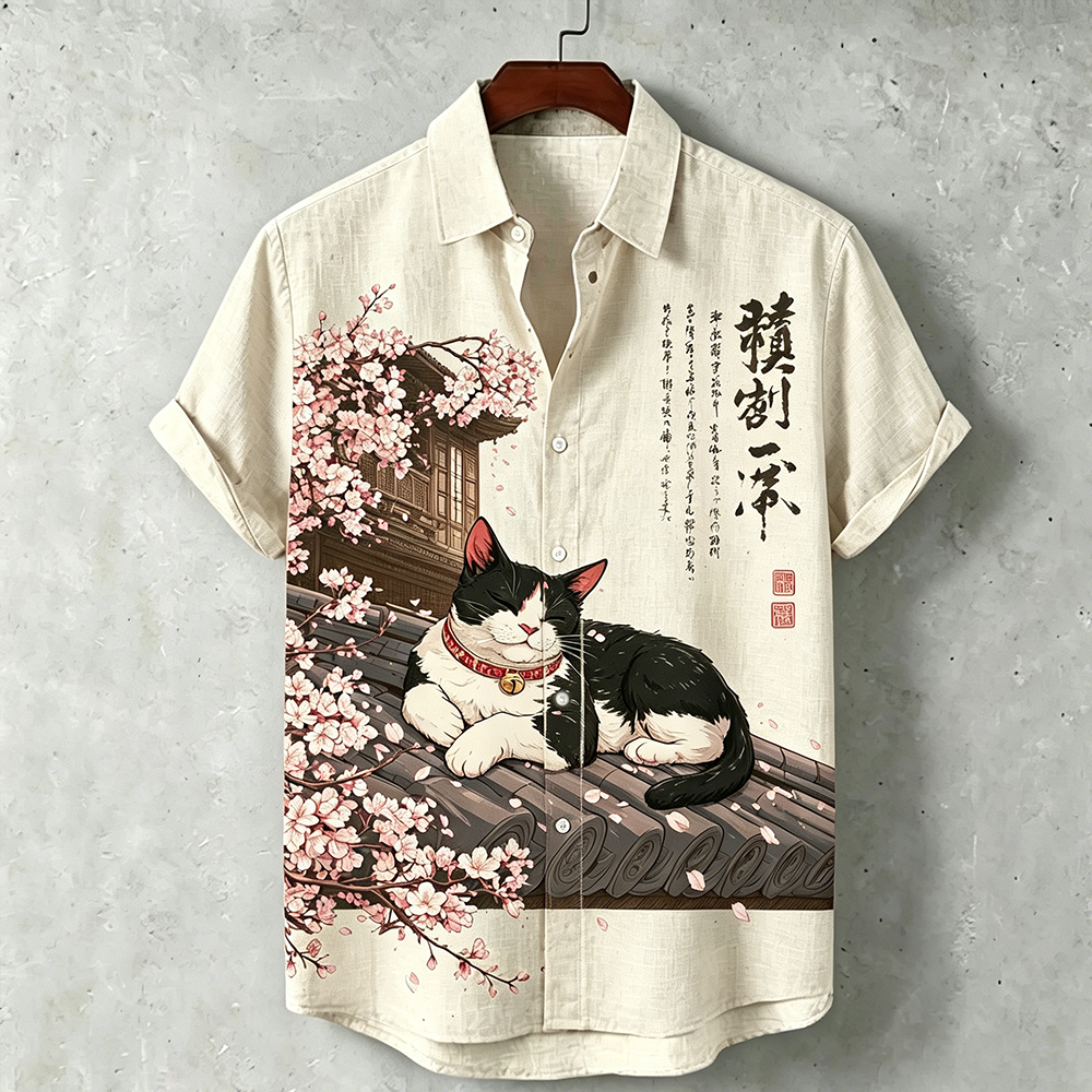 Men's Japanese Ukiyo-style Short Sleeve Button-down Shirt With Cat On Roof And Cherry Blossom Print
