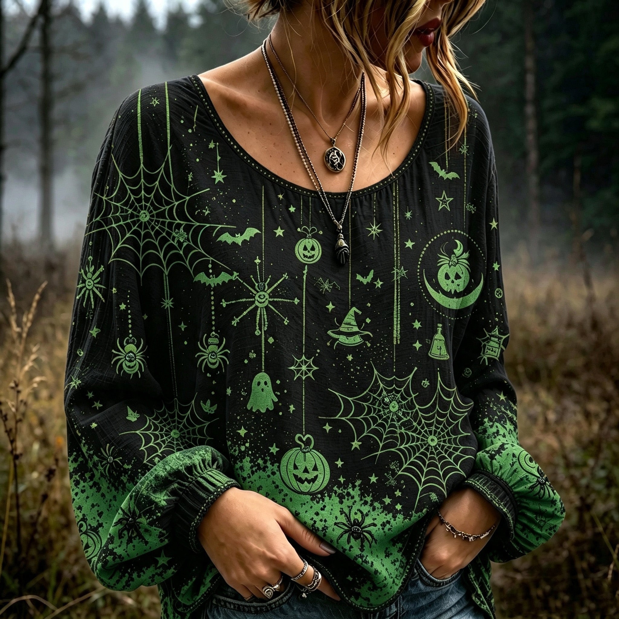 Women's Halloween-themed Spiderweb And Pumpkin Embroidered Print Top