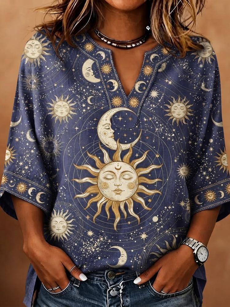 Women's Boho Celestial Sun And Moon Print V-neck Half Sleeve Blouse
