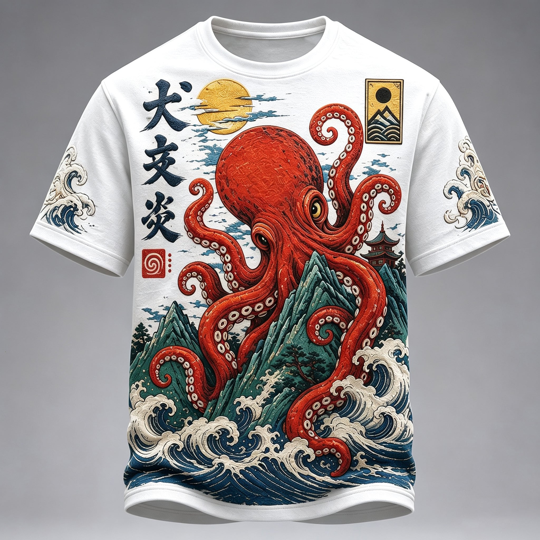 Men's Vintage Japanese Octopus And Wave Art Print Crew Neck Short Sleeve Casual T-shirt