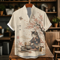 Men's Cute Japanese Kimono Cat Tea Ceremony Print Short Sleeve Linen Shirt