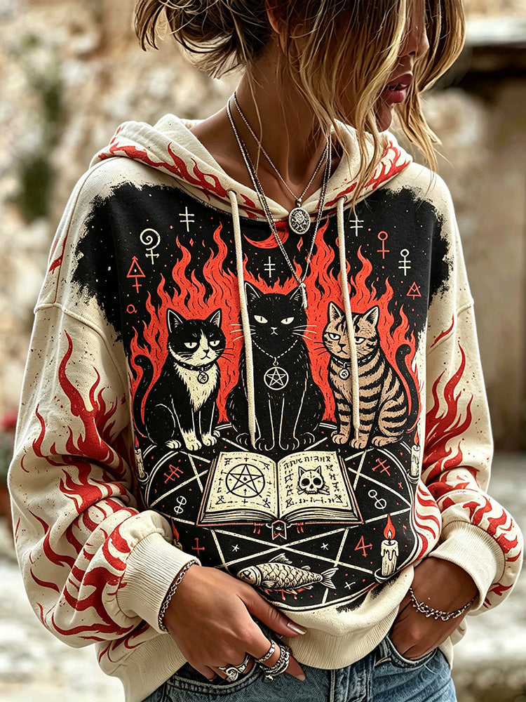 Women's Gothic Witch Black Cat Mysterious Tarot Pentagram Flame Pattern Retro Halloween Pullover Sweatshirt