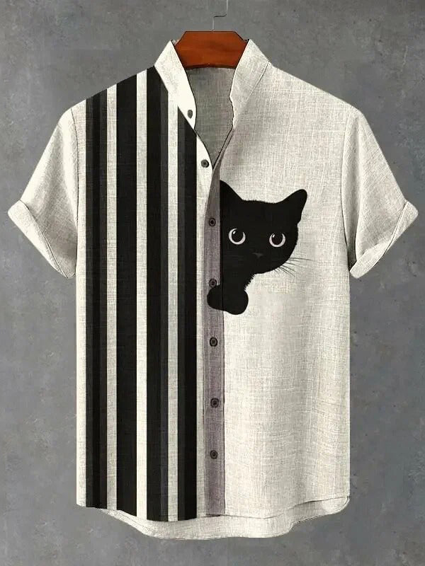 Men's Vintage Black Cat With Stripes Art Short Sleeve Shirt