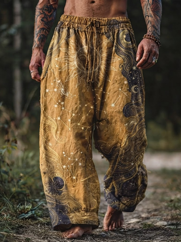 Men's Boho Celestial Sun And Constellation Print Drawstring Harem Pants