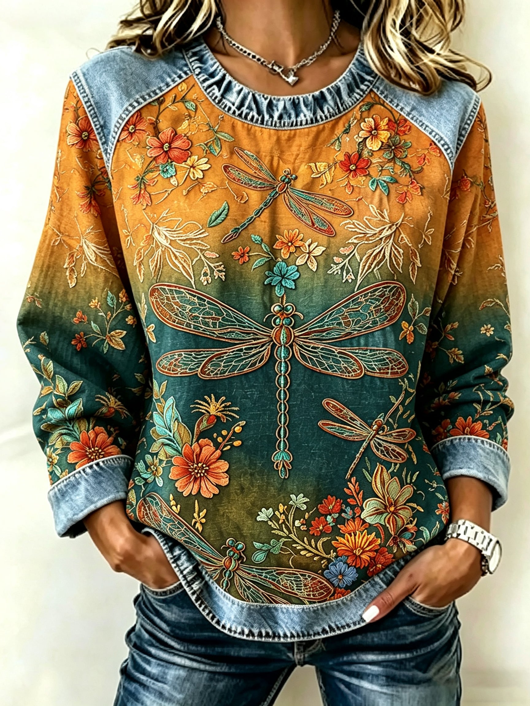 Women's Vintage Dragonfly And Floral Art Graphic Print Sweatshirt