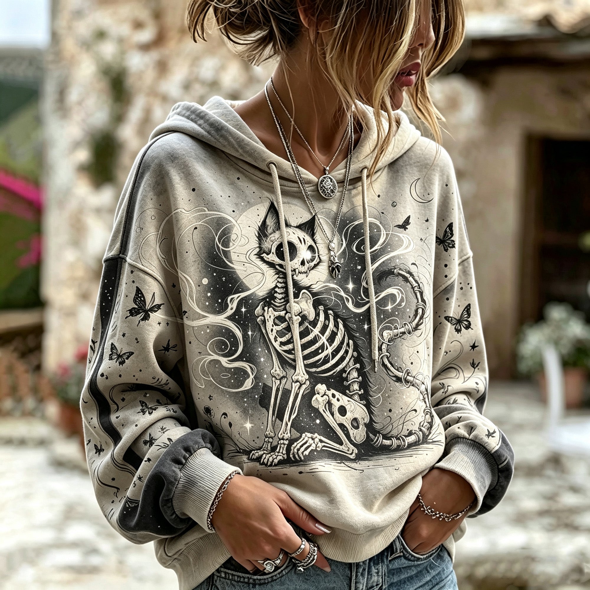 Vintage Washed Gothic Halloween Skeleton Black Cat Moon Butterfly Graphic Hoodie