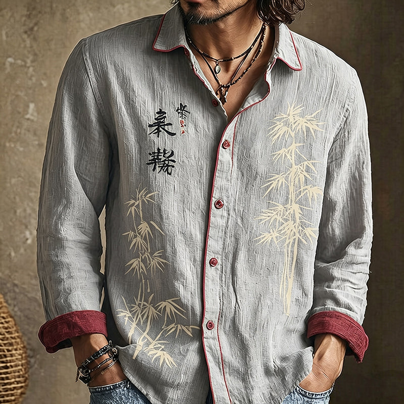 Men's Retro Japanese Bamboo And Calligraphy Art Pattern Casual Shirt