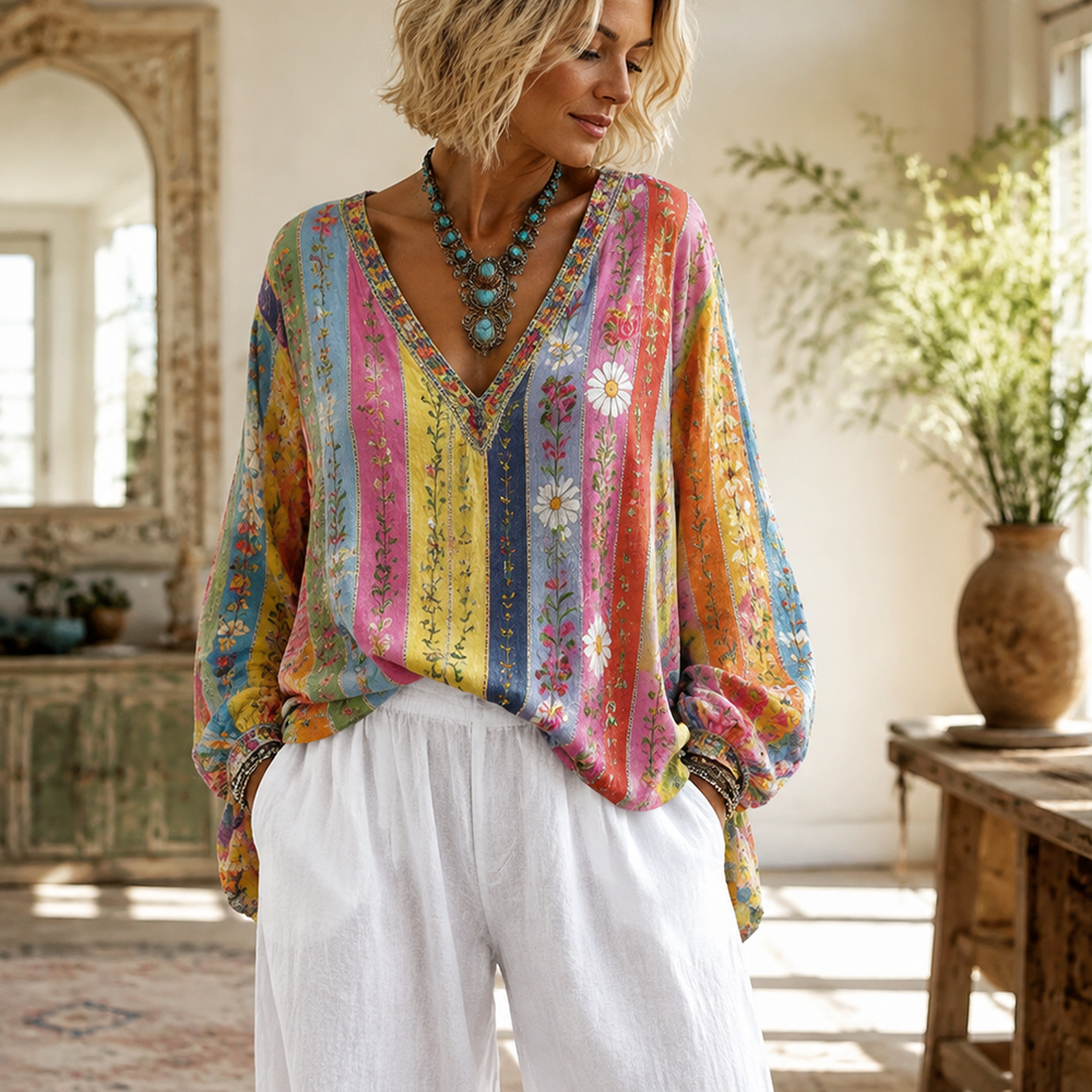 Women's Vertical-stripe Pullover Hoodie With Daisy And Floral Print And Drawstring