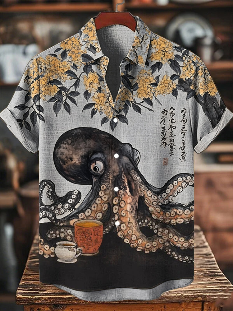 Men's Octopus Drinking Tea Under The Osmanthus Tree Art Print Short Sleeve Shirt