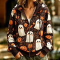 Women's Retro Halloween Ghost Pumpkin Floral Print Zip-up Hooded Sweatshirt