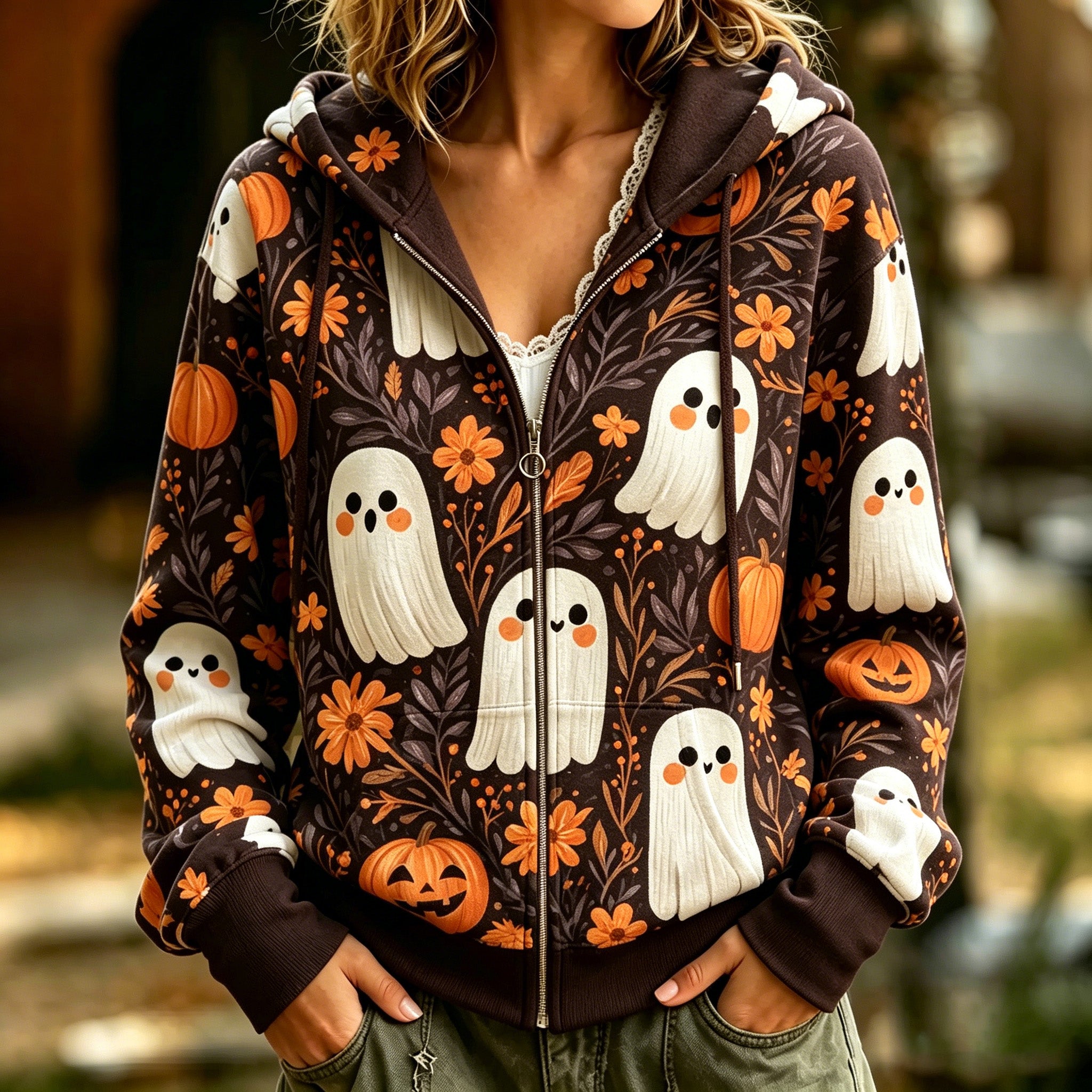 Women's Retro Halloween Ghost Pumpkin Floral Print Zip-up Hooded Sweatshirt