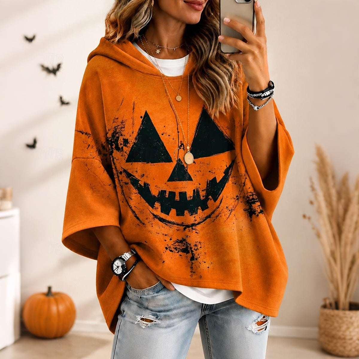 Women's Retro Halloween Emoji Print Loose Hooded Top