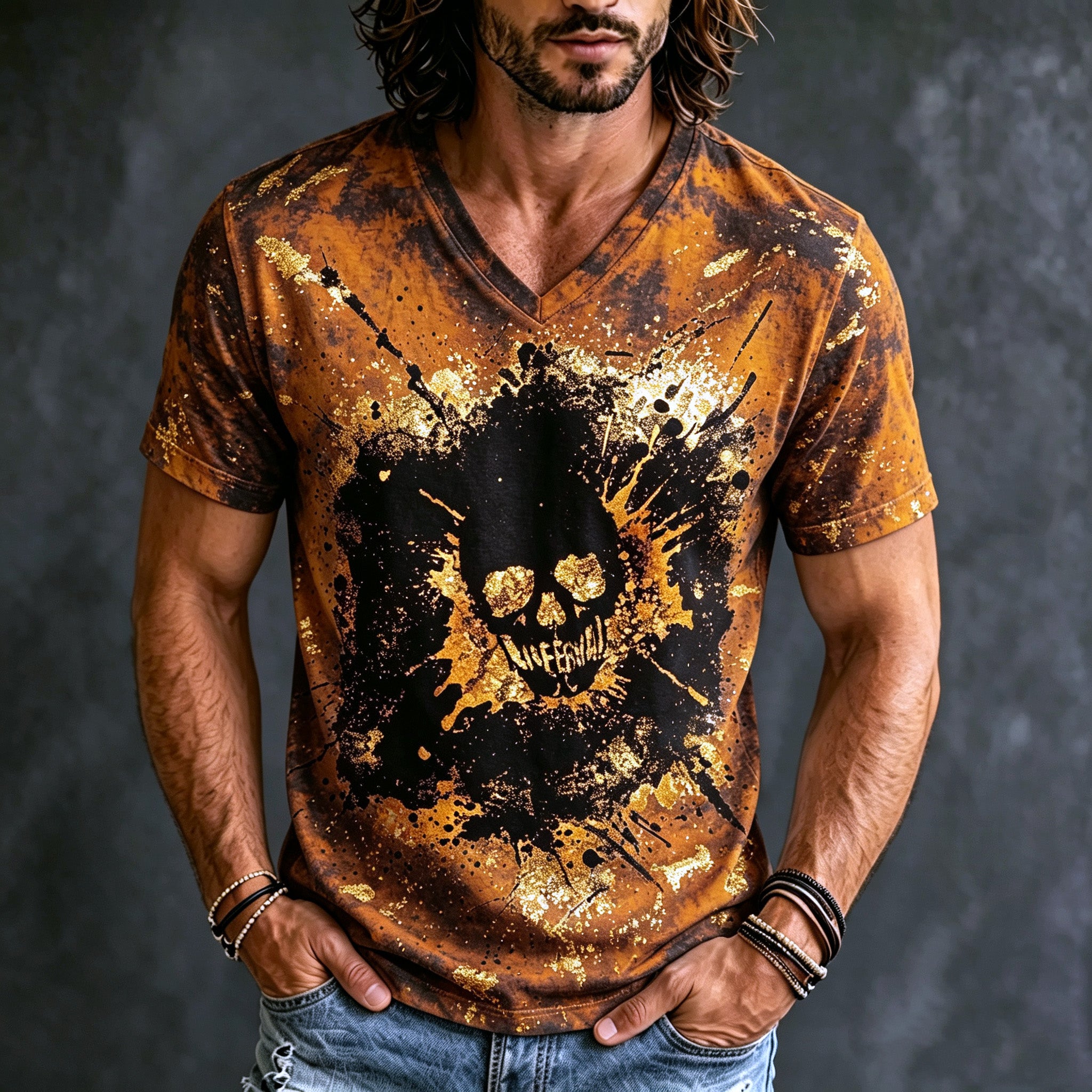 Men's Retro Bohemian Halloween Skull Print T-shirt