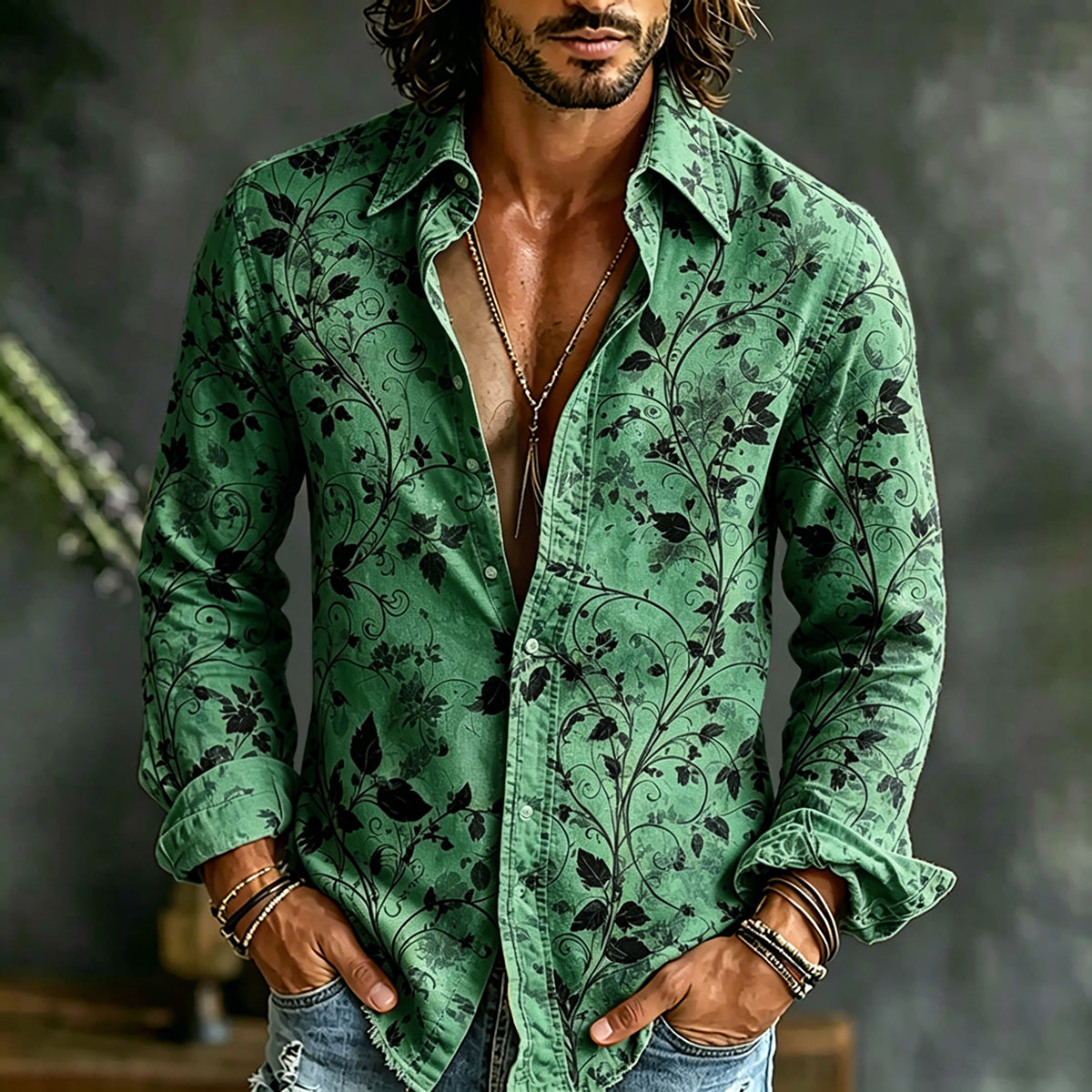 Men's Retro Floral Art Print Cotton Linen Casual Shirt