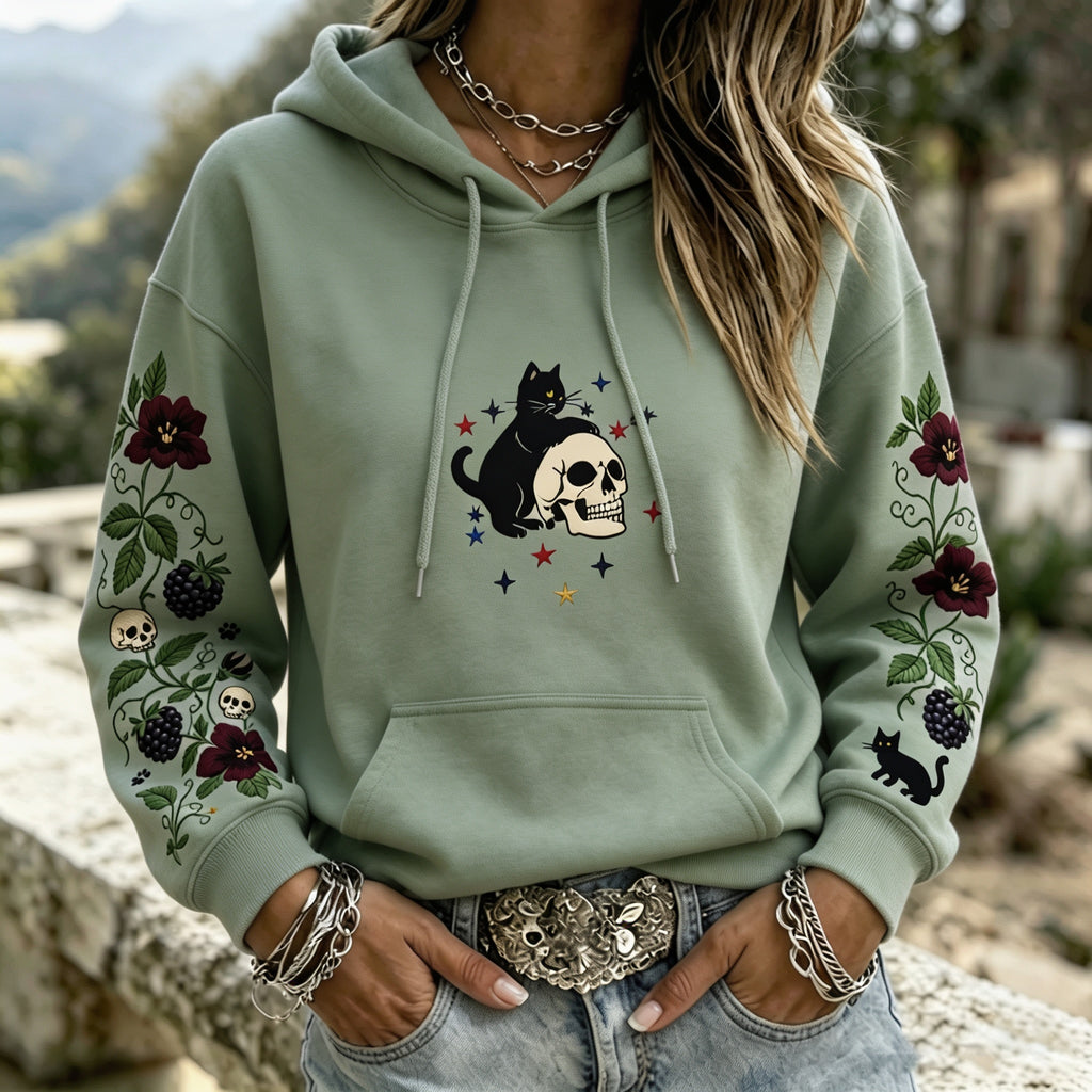 Women's Witchy Patriotic Black Cat Skull Floral Graphic Print Hoodie