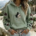Women's Witchy Patriotic Black Cat Skull Floral Graphic Print Hoodie
