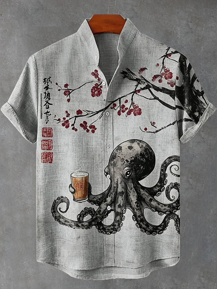 Men's Octopus Drinking Tea Under The Cherry Tree Art Print Casual Shirt