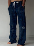 Men's Japanese Traditional Sashiko Art Linen Blend Casual Pants