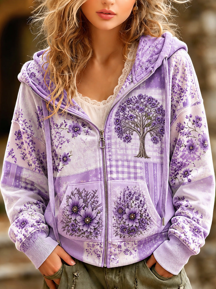 Women's Retro Floral And Plaid Patchwork Art Print Casual Zip Up Hoodie