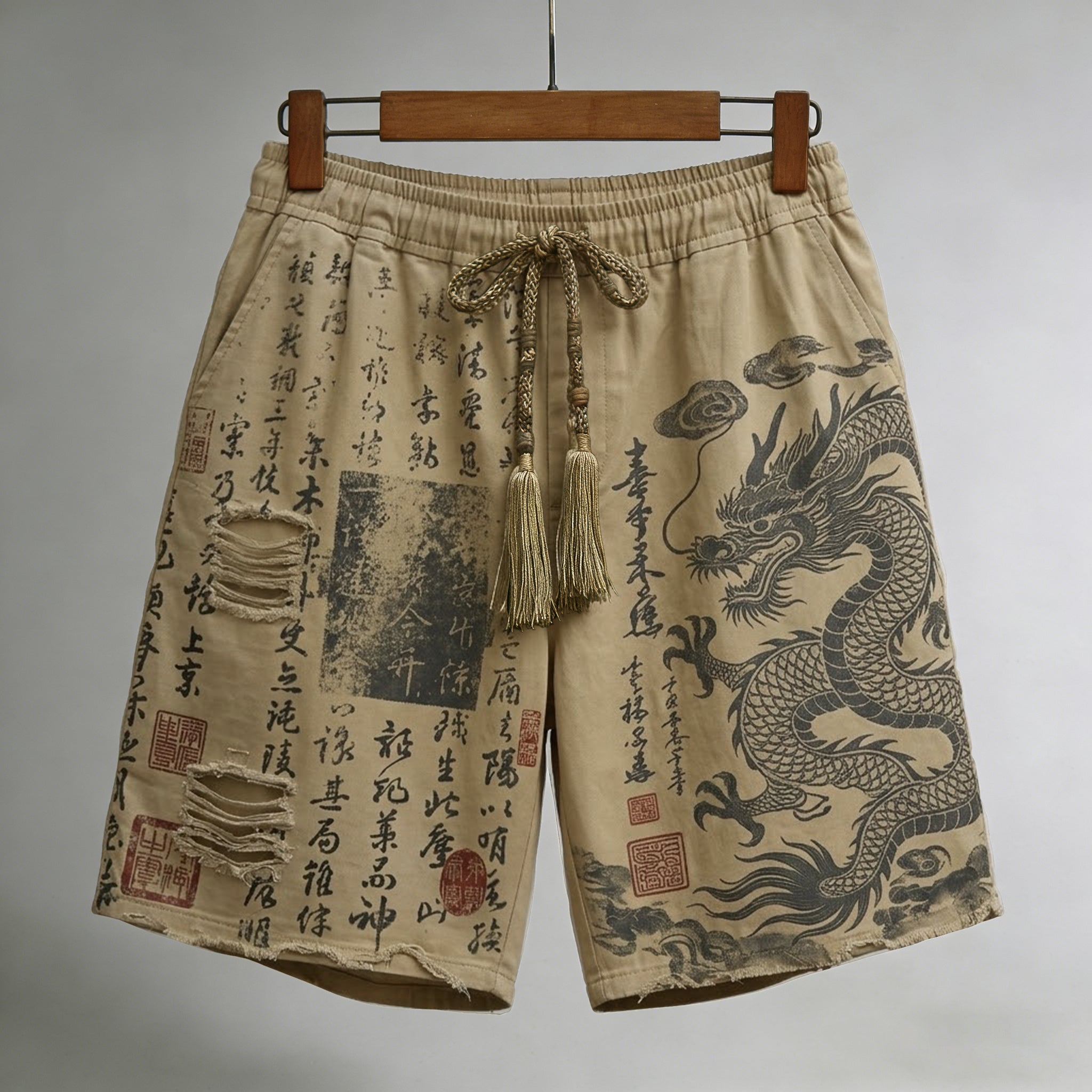 Men's Calligraphy With Dragon Art Pattern Linen Blend Casual Shorts