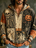 Men’s Vintage Distressed Skeleton Pumpkin Black Cat Ghost Graphic Patchwork Halloween Hoodie