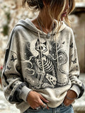 Vintage Washed Gothic Halloween Skeleton Black Cat Moon Butterfly Graphic Hoodie