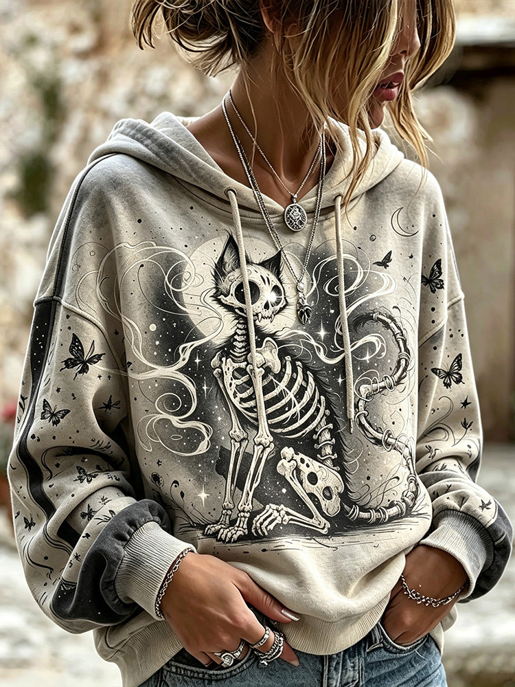 Vintage Washed Gothic Halloween Skeleton Black Cat Moon Butterfly Graphic Hoodie