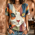 Women's Vintage Hippie Cat Art Print V Neck Linen Blend Short Sleeve Tops