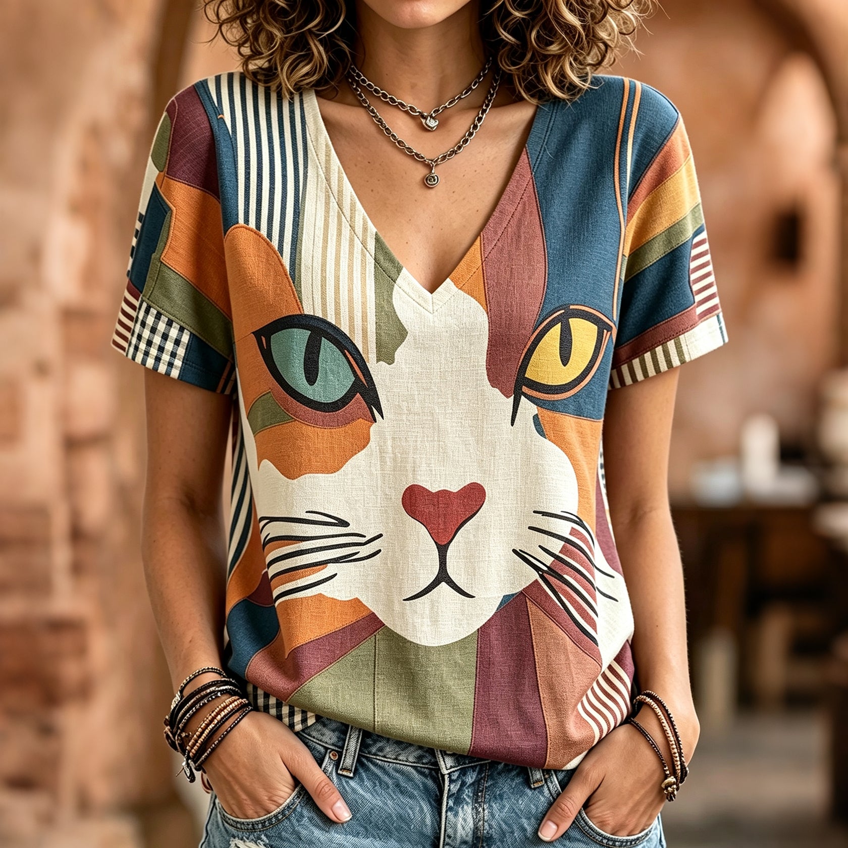 Women's Vintage Hippie Cat Art Print V Neck Linen Blend Short Sleeve Tops